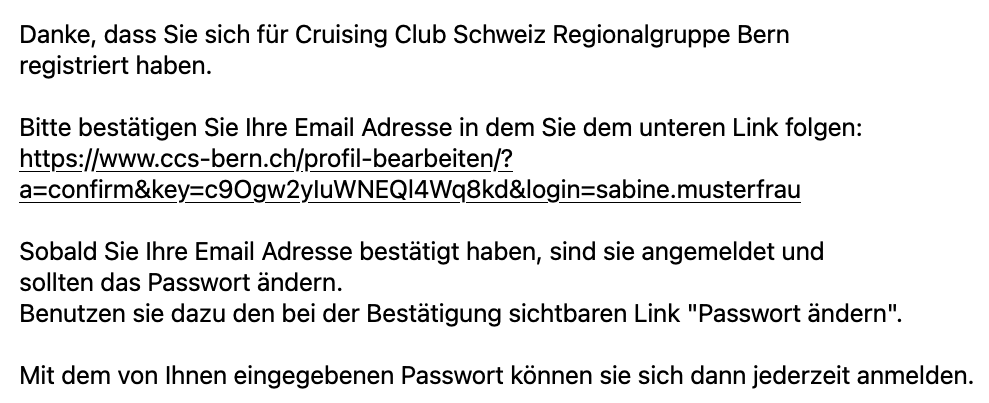 Registrierung auf der ccs-bern Website Schritt 3, das E-Mail